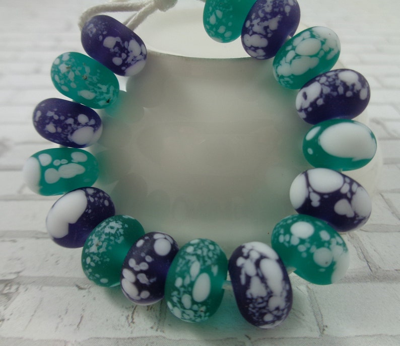 16 Pcs Navy Green Rondelle Beads Frosted Glass Beads Navy Blue Teal Green White Spots #T1798-LW 10x7mm Smooth Finish Beads
