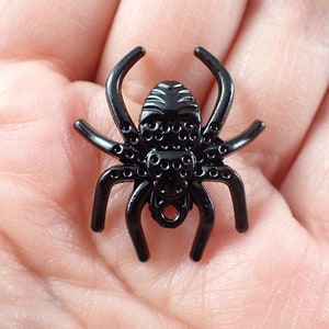 Op de afbeelding: Zwarte metalen spinnenhanger met een getextureerd lichaam en een lus om op te hangen.