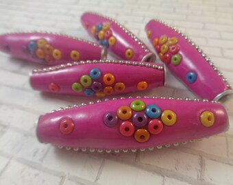 1 Bright Pink Silver Aluminum Clay Jumbo Rice Shaped Indonesian Bead 60x18mm Large Indonesian Clay Pink Silver Bohemian Bead Colorful #S3177