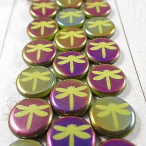 8 Pcs Chartreuse Dragonfly Laser Tattoo Beads - Czech Glass Pressed Beads - Coin Shape 14mm Glass Bead - Lime Green Blue Purple Shiny #S5140