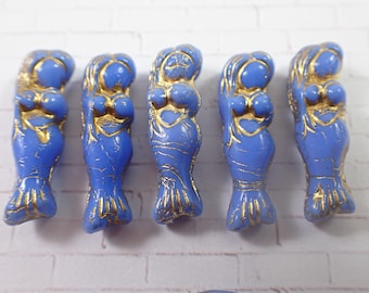 6 Pcs Periwinkle Blue Gold Mermaid Glass Beads - Czech Pressed Glass Beads - Blue Gold Wash Mermaids - 25x5mm Gold Mermaid Glass Bead #S6958