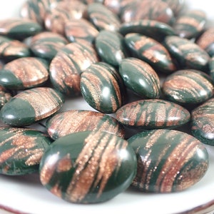 5 Pcs Vintage Glass Buttons - Oval Smooth Gold Glitter Glass Buttons - Vintage Green Gold Glitter Opaque Sparkly Glass Oval #T2004 - Buttons