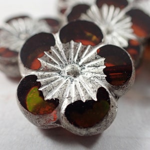 2 Pcs Green Silver Hibiscus Flower Beads - Czech Glass Table Cut Beads - Orange Green Silver Large Flower - Hibiscus Beads Metallic #S5789