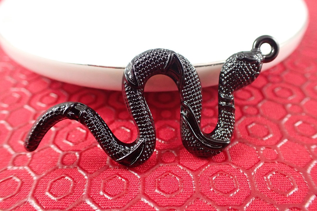 Shiny Black Metal Snake Pendant Curvy Textured Black Snake 2 Inch Scary