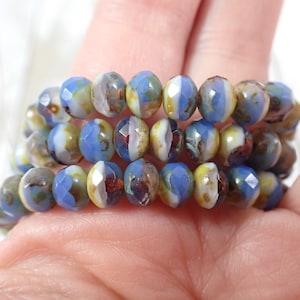 25 Pcs Czech Glass Fire Polished Beads - Blue White Yellow - 6x5mm Faceted Glass Beads - Rondelle Faceted Blue White Beads #S8104