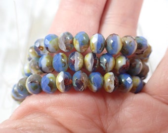 25 Pcs Czech Glass Fire Polished Beads - Blue White Yellow - 6x5mm Faceted Glass Beads - Rondelle Faceted Blue White Beads #S8104