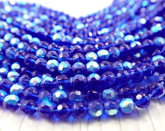 250 Bright Blue Round Faceted Glass Beads - Small 4mm AB Finish - Faceted Round Glass Beads - Bold Blue Round Beads - 3 Full Strands #S5384