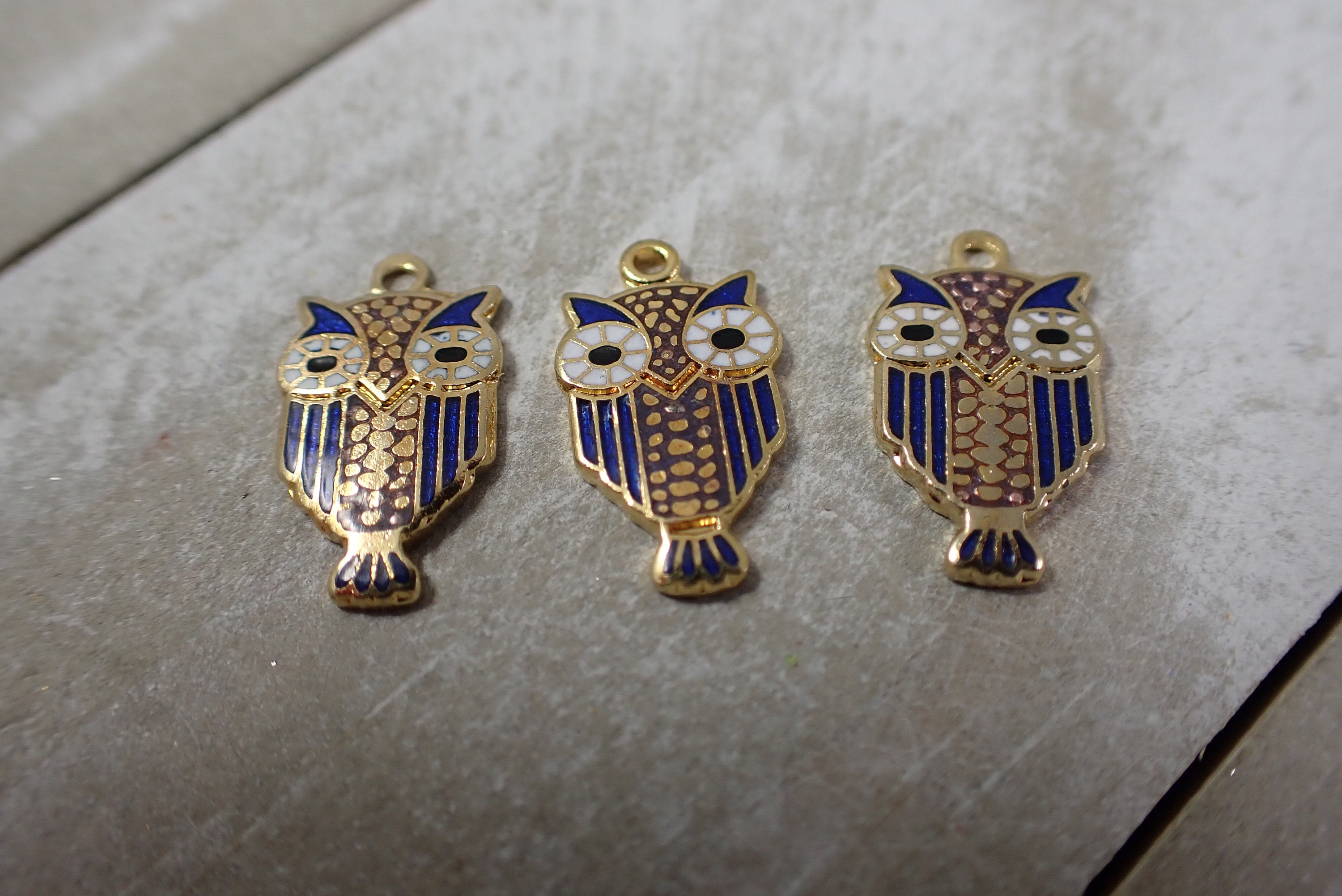 10 Pcs Dainty Enamel Owl Charm - Blue Gold White - Small Pendant Charms - 17x10x2mm Small Dainty Ena