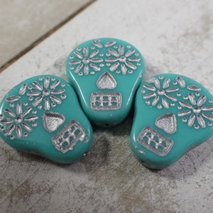 6 Pcs Turquoise Silver Sugar Skull Beads - Czech Glass Pressed Beads - Flat Skull Beads .75 Inches - Turquoise Silver Sugar Skulls #S7650