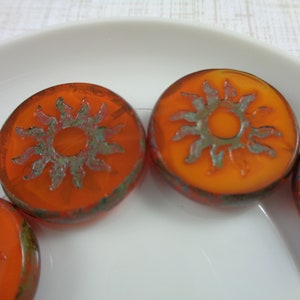 2 Pumpkin Orange Sun Coin Shaped Beads Czech Glass Pressed Glass Beads 22x5mm Round Flat Thick Coin Beads Orange Picasso Finish Beads #S3886