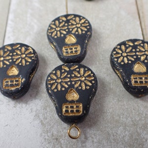 6 Pcs Black Gold Sugar Skull Beads - Czech Glass Pressed Beads - Flat Skull Beads .75 Inches - Black Gold Glass Sugar Skulls Beads #S7862