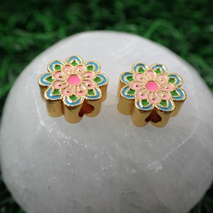 2 Pcs Gold Metal Flower Beads - Large Hole Pink Aqua Blue Gold - 11x5mm Round Flat Flower Beads - Heavy Big Hole Metal Beads - Pink #S8022