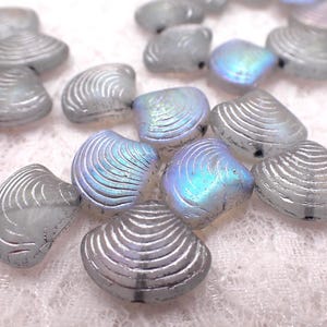 Può includere: Una collezione di perline iridescenti a forma di conchiglia. Le perline sono principalmente grigie con una lucentezza perlescente, e alcune mostrano sfumature di blu e verde. Ogni perlina ha una texture a coste.