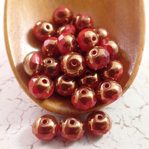 25 Pcs Ruby Red Bronze Czech Glass Fire Polished Beads - Dark Red Bronze Opaque Beads - 7x5mm Faceted Glass Rondelle Beads Small #S5984