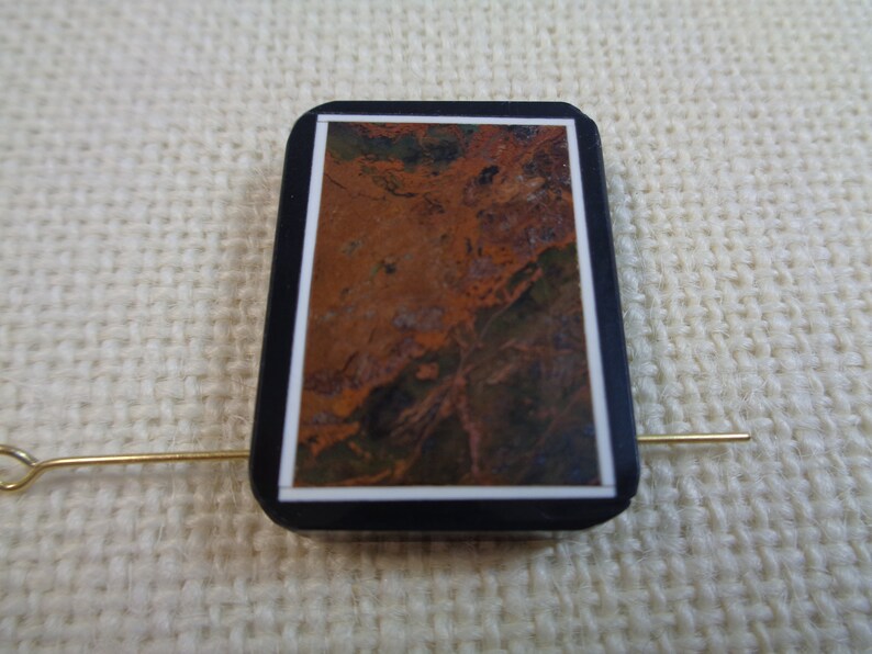1 Pretty Long Brown Orange Black Rectangle Shaped Pendant Focal Bead 32x23x6mm Flat Rich Brown Framed Stone Pendant Black Background #S2538