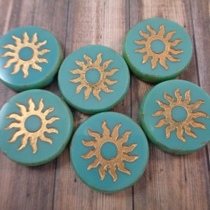 2 Pcs Sun Beads Turquoise Gold Wash - Picasso Finish Czech Glass Beads - 22x5mm Round Coin Beads - Sun Ray Beads Large Czech Glass #S3038
