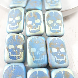 6 Pcs Skull Laser Tattoo Beads - Matte Czech Glass Pressed Beads - Rectangle Glass Beads 18x12x4mm - Light Blue Opaque AB Finish Bead #S5148