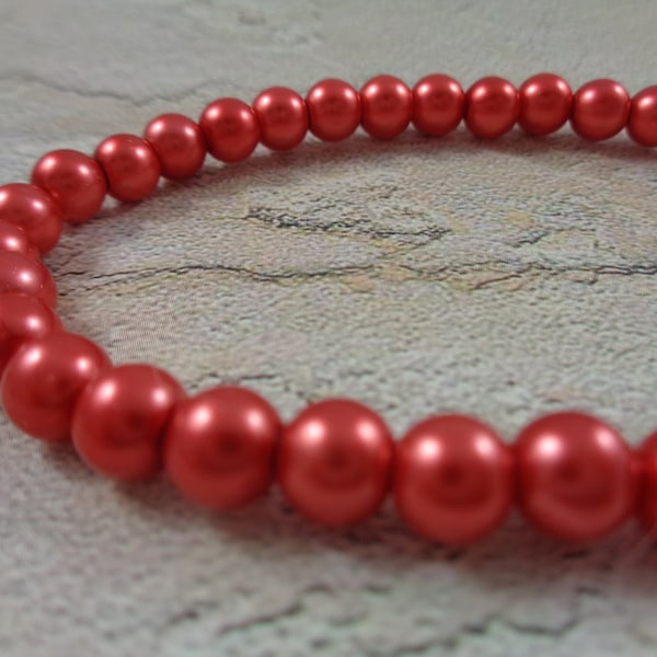 56 Pcs Burnt Orange Glass Pearl Beads - Round Smooth Finish - 6mm Full Strand Beads - Orange Red Glass Pearls #S4742