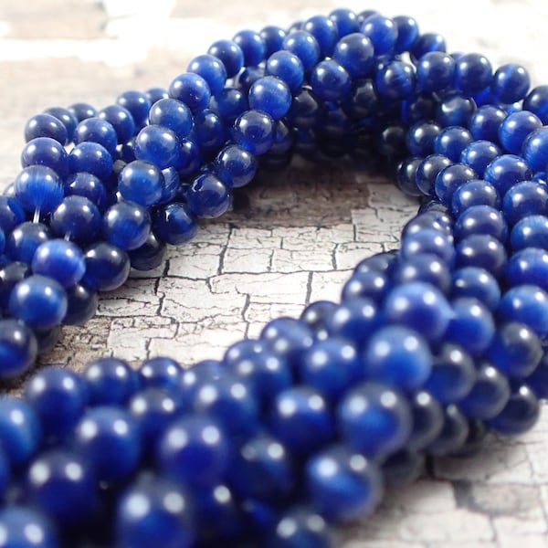 98 Pcs Dark Navy Blue Cat Eye Beads - 4mm Satin Glass Beads - Cats Eye Smooth Finish - Dark Blue Cats Eye Beads - Full Strand Beads #S5331