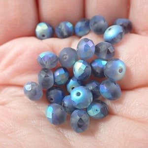 25 Pcs Slate Blue Czech Glass Fire Polished Beads - Matte AB Rainbow Finish - 7x5mm Small Faceted Glass Bead - Rondelle Faceted Beads #S7940