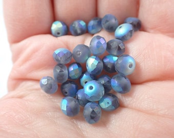 25 Pcs Slate Blue Czech Glass Fire Polished Beads - Matte AB Rainbow Finish - 7x5mm Small Faceted Glass Bead - Rondelle Faceted Beads #S7940