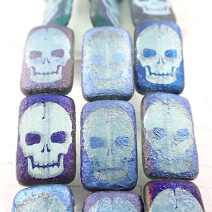 6 Pcs Blue Skull Etched Laser Tattoo Beads - Czech Glass Pressed Beads - Rectangle Glass Beads 18x12x4mm - Etched Blue Purple Skulls #S5121
