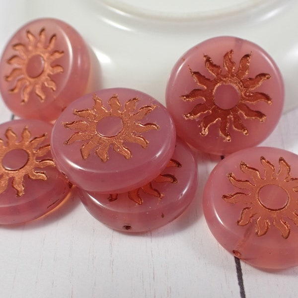 2 Pcs Pink Copper Sun Czech Glass Beads - Pressed Glass Coin Beads - 22x5mm Round Flat Thick Coin - Dusty Rose Copper Wash Beads #S7360