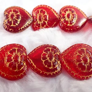 9 Pcs Bright Red Gold Heart Flower Beads - Czech Glass Hearts Braided Edge - Red Gold Flower Beads - .75 Inch Red Glass Heart Beads #S8482