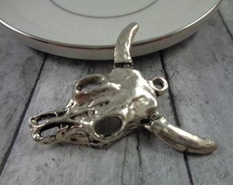 1 Piece Shiny Silver Bull Skull Pendant - Pewter Metal Buffalo Head Pendant - 38x39x7mm Shiny Silver - Animal Beads Buffalo Skull #S5068