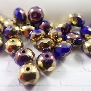 25 Pcs Blue Gold Czech Glass Beads - Fire Polished Gold Brass Finish - 7x5mm Faceted Glass Beads - Blue Gold Rondelle Beads #S5968