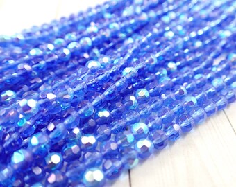 250 Pcs Medium Blue Glass Beads - 4mm AB Finish Beads - Faceted Round Small Crystal Glass Beads - Blue AB Finish Round Glass Beads #S5279