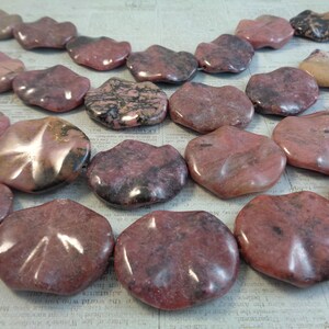 SALE - 4 Pcs Pink Rhodonite Crystal Beads - Dimpled Flat Oval Beads - 32x28x5mm Smooth Finish Pink Gray Rhodonite - Crystal Beads #S1453