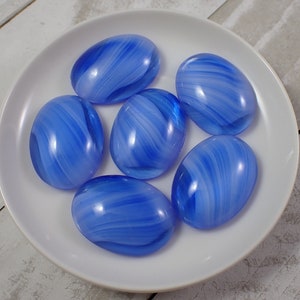 2 Pcs Blue Vintage Glass Cabochons - Large Oval Cabs Smooth Finish - Vintage Glass Cabochons - Blue White Partially Translucent #S7442