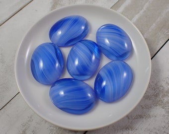 2 Pcs Blue Vintage Glass Cabochons - Large Oval Cabs Smooth Finish - Vintage Glass Cabochons - Blue White Partially Translucent #S7442