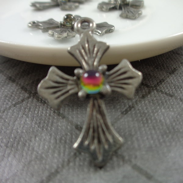 1 Piece Silver Pewter Cross Pendant - Rainbow Glass Cabochon - Silver Metal Cross Bead - 29x19x5mm Silver Rainbow - Cross Pendant #S5152