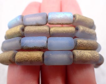 10 pezzi di perline tubolari in oro blu - 14 x 7 mm con finitura oro AB incisa - Perline in vetro ceco blu traslucido #S8520