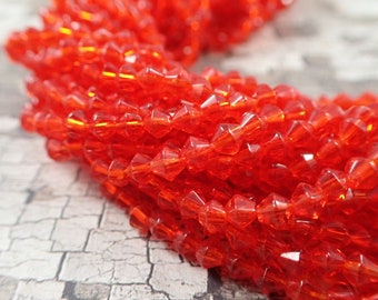 250 Pcs Bright Red Bicone Beads - 4mm Clear Glass Beads - Smooth Finish Translucent Red Bicones - 3 Full Strands - Small Bright Red #S5174