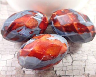 1 Piece Oval Shaped Ceramic Bead - Red Orange Gray Opaque - Multi-Faceted Large Glass Beads - Bright Red Orange Ovals - Textured #S6182