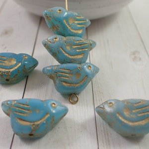 6 Pcs Czech Glass Bird Shaped Beads - Sky Blue Gold Wash - Pressed Glass Thick Chunky Bird Beads - Opaque Sky Blue Glass Bird Beads #S6927