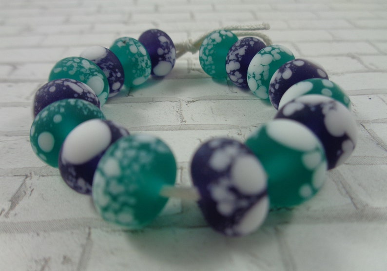 16 Pcs Navy Green Rondelle Beads Frosted Glass Beads Navy Blue Teal Green White Spots #T1798-LW 10x7mm Smooth Finish Beads