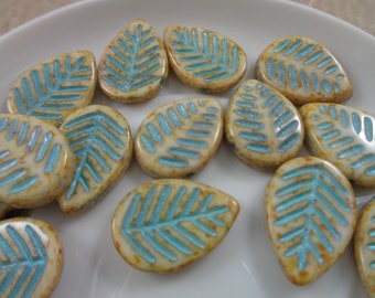 6 White Turquoise Wash Dogwood Leaf Beads 16x12mm Honey Turquoise Wash Czech Glass Beads Pressed Glass Dogwood Leaves White Beads #S3862