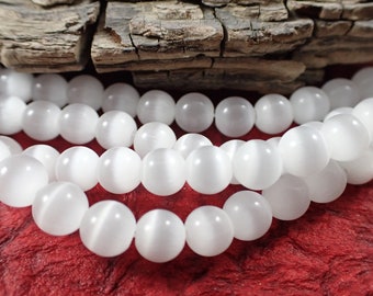 67 Pcs Bright White Cats Eye Beads - 6mm Round Smooth - Opaque White Striped Glass - Cat Eye Glass Beads - Bright White Full Strand #S5712