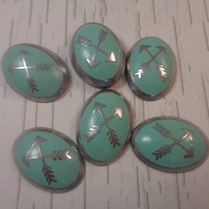 4 Small Vintage Cabochons Oval 18x13x4mm Turquoise Silver Arrow Cabs Vintage Metal Brass Cabochons Hollow Back Flat Oval Cabochons #T1585
