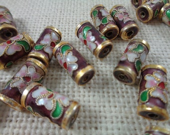 6 Maroon Gold Cloisonne White Green Floral Metal Beads 14x7mm Round Short Tube Shaped Metal Beads Cloisonne Beads Maroon Gold Metal #S4207