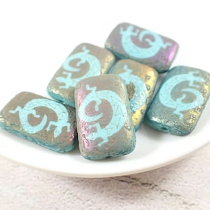 6 Pcs Gecko Pressed Czech Glass Beads - Gecko Laser Tattoo Beads - Rectangle Rounded Edge - Etched Textured Beads - Purple Green Gold #S5085