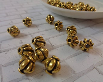 4 Beautiful Bright Metallic Gold Spacer Beads 8mm Round Fluted Beads Large Hole Striped Gold Beads Antique Gold Finish Metal Beads #M1003