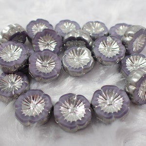 10 Pcs Purple Silver Hibiscus Flower Beads - Czech Glass Table Cut Beads - Flower Shiny Glass Beads - Hibiscus Beads Purple Metallic #S8063