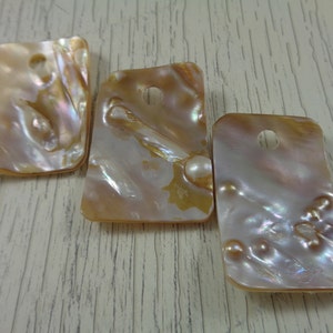 May include: Three iridescent, rectangular, mother-of-pearl shell pendants with holes for stringing. The pendants have a light brown colour with a pearlescent sheen.