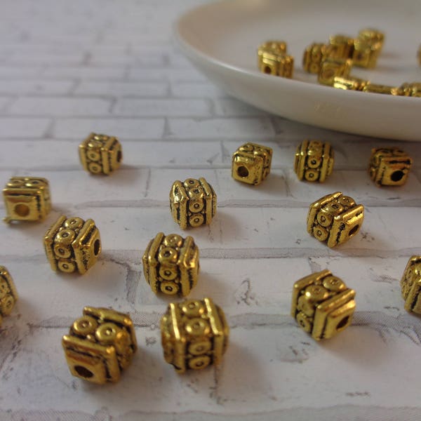 6 Bright Gold Metallic Metal Beads 6x5mm Cube Beads Flat Sides Circle Design Chunky Gold Antique Finish Beads Bright Shiny Metallic #M1014