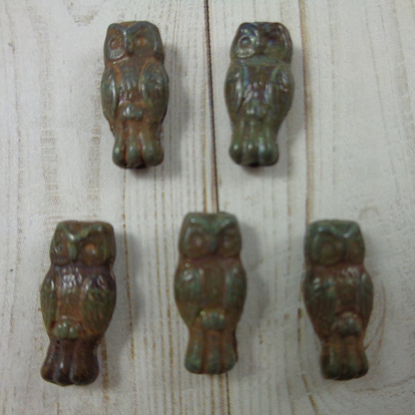 10 Tiny Picasso Dark Rustic Brown Turquoise Green Glass Owl Shaped Beads 15x7mm Czech Glass Owl Shaped Animal Beads Small Brown Beads #S3997